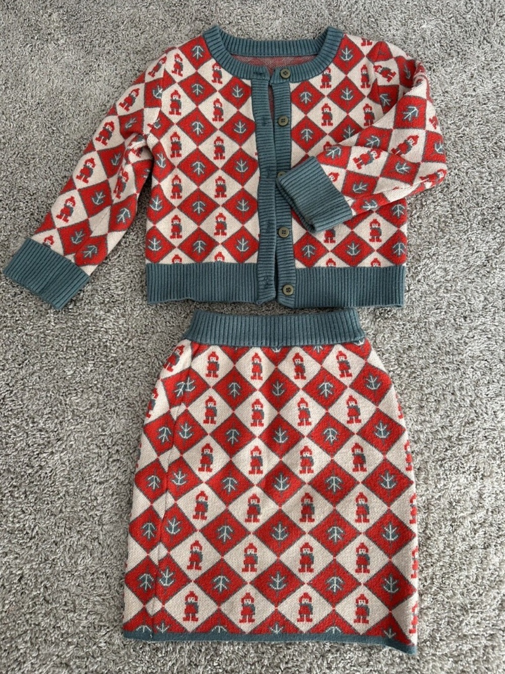 Kids Red and Teal Knit Skirt Set with Matching Jacket - size 6-7 EUC